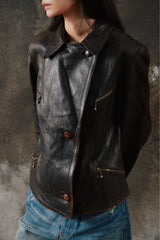 Rare 1940s French Vintage Asymmetrical Leather Jacket w/ DUN Ball-Chain Zippers 法國製斜襟水滴拉鍊古著拉鍊皮衣夾克