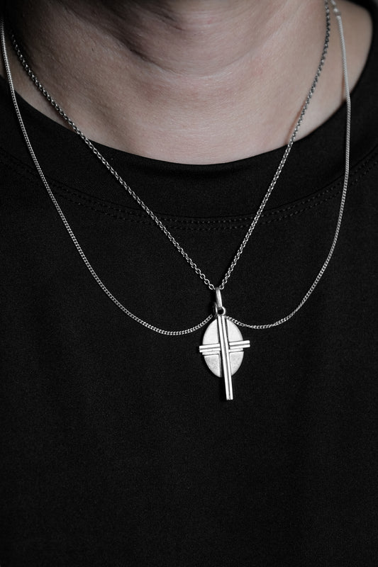 Sterling Silver Oval Pendant Couple Necklaces with Cross Insert 橢圓銀牌 十字架鑲嵌情侶對練