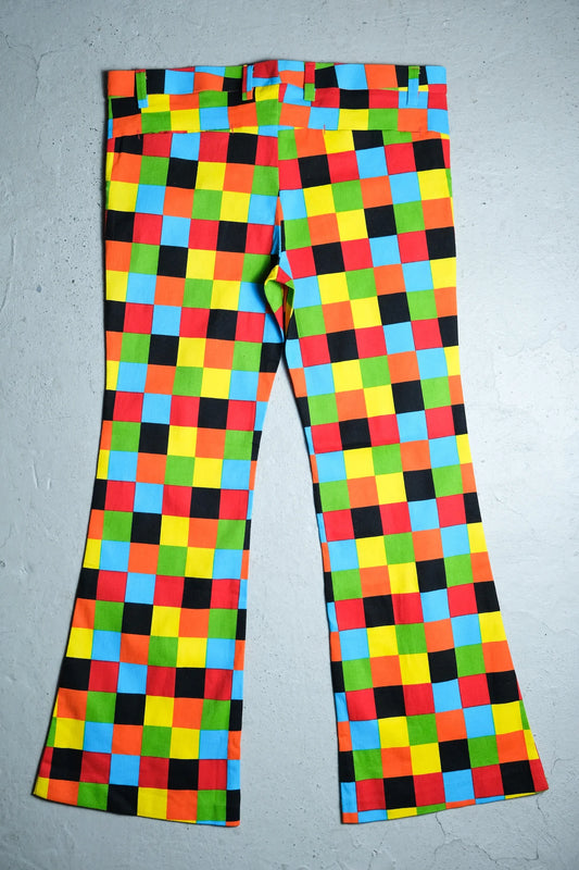 70's Vintage Hippie Check Bell Bottom Pants