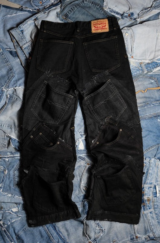 Remake Vintage Multi Pocket Patch Denim Jeans vintage remake series multi-pocket stitching jeans